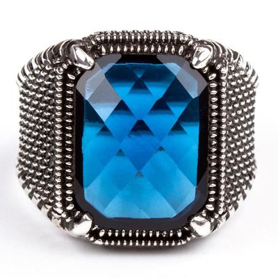 Silver Mens Ring with Blue Zircon Stone - 3
