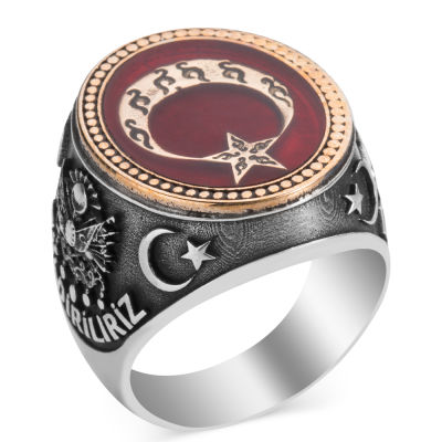 Silver Mens Ring with Crescent Star Engraved with One of us Dies a Thousand Rises - 1