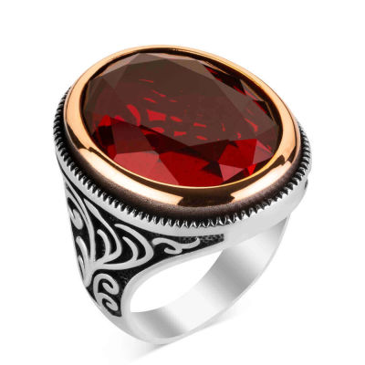 Silver Mens Ring with Faceted Red Zircon Stone - 1
