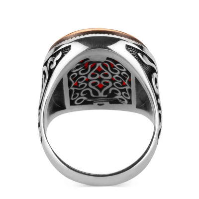 Silver Mens Ring with Faceted Red Zircon Stone - 3