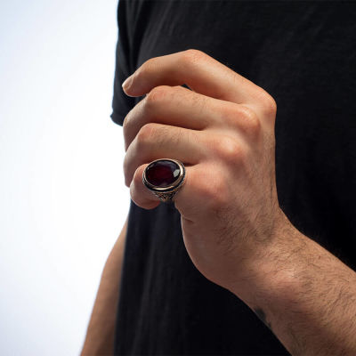 Silver Mens Ring with Faceted Red Zircon Stone - 4