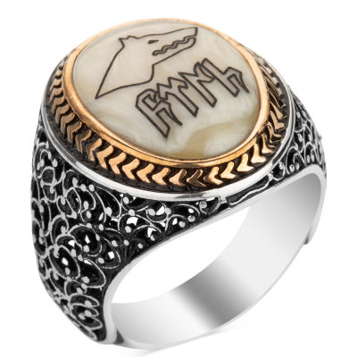 Silver Mens Ring with Gokturkish Word Turk and Wolf on Mother of Pearl - 1