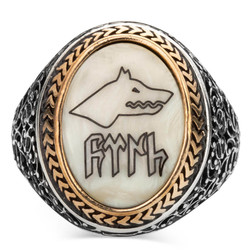 Silver Mens Ring with Gokturkish Word Turk and Wolf on Mother of Pearl - 2