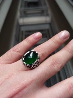 Silver Mens Ring with Green Oval Onyx Stone - 5