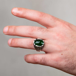 Silver Mens Ring with Green Oval Onyx Stone - 4