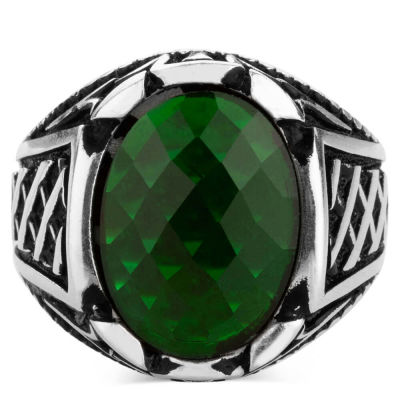 Silver Mens Ring with Green Oval Onyx Stone - 3