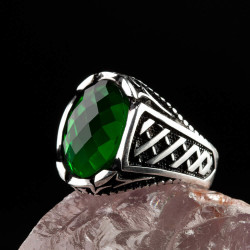 Silver Mens Ring with Green Oval Onyx Stone - 6