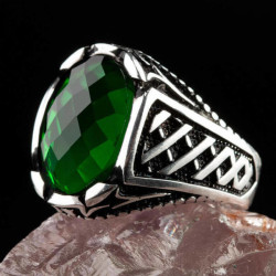 Silver Mens Ring with Green Oval Onyx Stone - 1