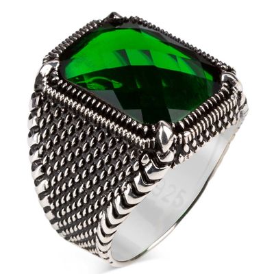 Silver Mens Ring with Green Zircon Stone - 2