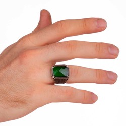 Silver Mens Ring with Green Zircon Stone - 5
