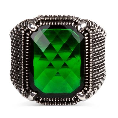 Silver Mens Ring with Green Zircon Stone - 3