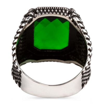 Silver Mens Ring with Green Zircon Stone - 4