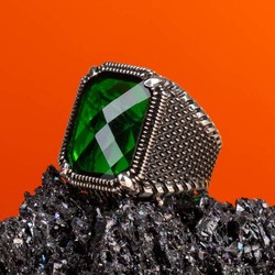 Silver Mens Ring with Green Zircon Stone 