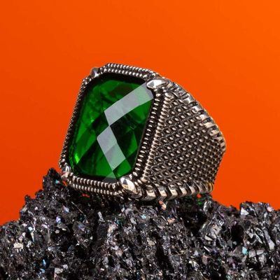 Silver Mens Ring with Green Zircon Stone - 1