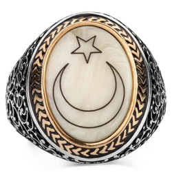 Silver Mens Ring with Mother of Pearl Crescent Star Inlay - 2
