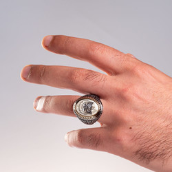 Silver Mens Ring with Mother of Pearl Double Headed Eagle Inlay - 4
