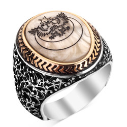 Silver Mens Ring with Mother of Pearl Double Headed Eagle Inlay - 1