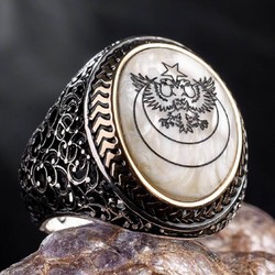 Silver Mens Ring with Mother of Pearl Double Headed Eagle Inlay - 5