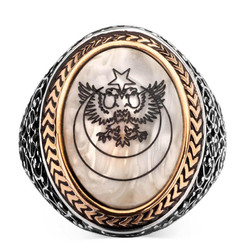 Silver Mens Ring with Mother of Pearl Double Headed Eagle Inlay - 2