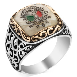 Silver Mens Ring with Ottoman Crest on Mother of Pearl - 1