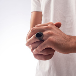 Silver Mens Ring with Oval Black Onyx Stone - 4
