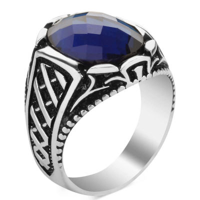Silver Mens Ring with Oval Blue Zircon Stone - 2