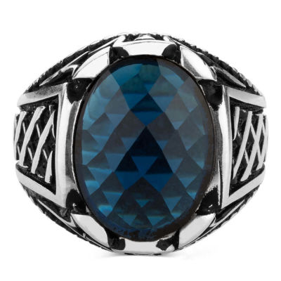 Silver Mens Ring with Oval Blue Zircon Stone - 3