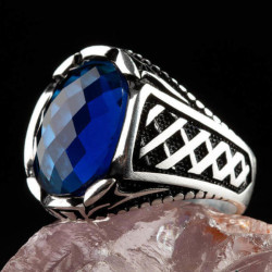 Silver Mens Ring with Oval Blue Zircon Stone 