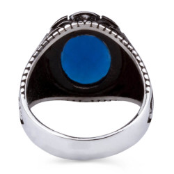 Silver Mens Ring with Oval Blue Zircon Stone - 4