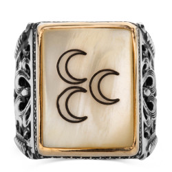 Silver Mens Ring with Triple Crescent Moons on Mother of Pearl - 2