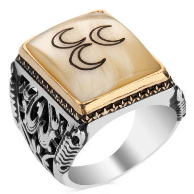 Silver Mens Ring with Triple Crescent Moons on Mother of Pearl - 1
