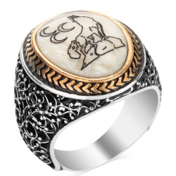 Silver Mens Ring with Triple Crescents and Grey Wolf on Mother of Pearl - 1