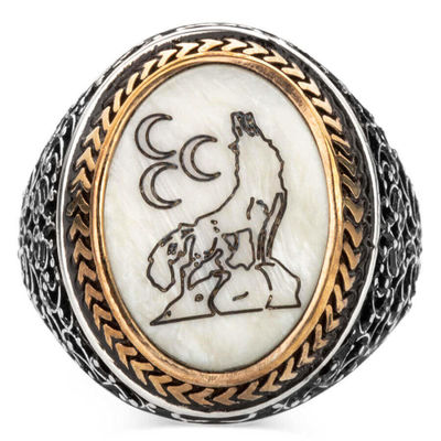 Silver Mens Ring with Triple Crescents and Grey Wolf on Mother of Pearl - 2