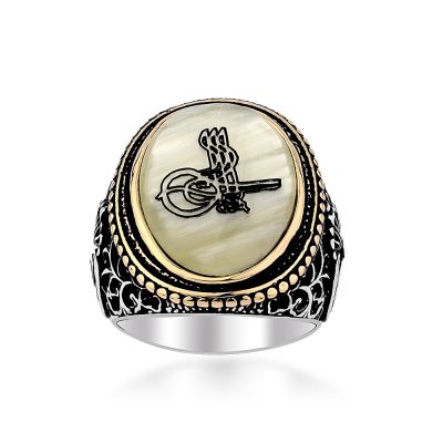Silver Mens Ring with Tughra Design on Mother of Pearl - 1