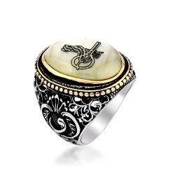 Silver Mens Ring with Tughra Design on Mother of Pearl - 2