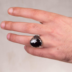 Silver Mens Ring with Zircon Stone and Eagle Design - 7