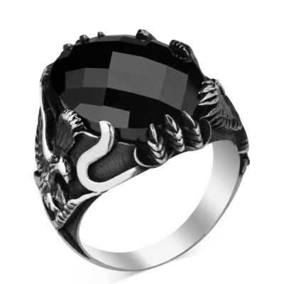 Silver Mens Ring with Zircon Stone and Eagle Design - 3