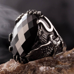 Silver Mens Ring with Zircon Stone and Eagle Design - 2
