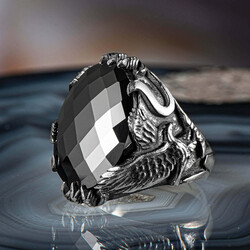Silver Mens Ring with Zircon Stone and Eagle Design - 1