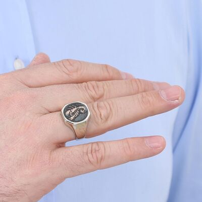 Silver Mens Zodiac Sign Scorpio Ring Silver-Bronze Color Sides Plain Model - 4