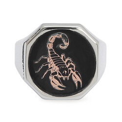 Silver Mens Zodiac Sign Scorpio Ring Silver-Bronze Color Sides Plain Model - 2