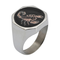 Silver Mens Zodiac Sign Scorpio Ring Silver-Bronze Color Sides Plain Model 