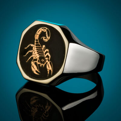 Silver Mens Zodiac Sign Scorpio Ring Silver-Bronze Color Sides Plain Model - 5