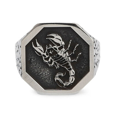 Silver Mens Zodiac Sign Scorpio Ring Silver Color Patterned Model - 2