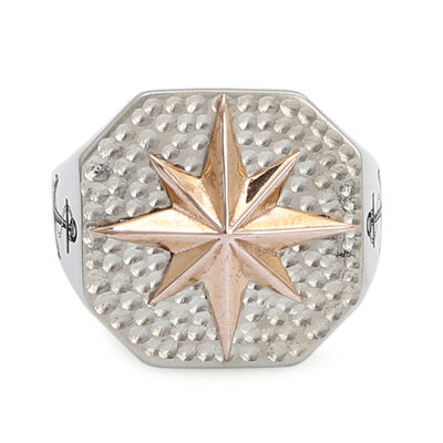 Silver Octagon North Star Compass Model Anchor Motif Mens Ring - 2