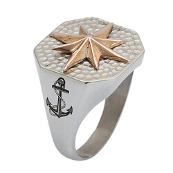 Silver Octagon North Star Compass Model Anchor Motif Mens Ring 