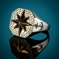 Silver Octagon North Star Compass Model Anchor Motif Mens Ring - 5