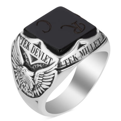 Silver One Nation One Flag Mens Ring with Onyx Stone - 1