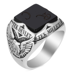 Silver One Nation One Flag Mens Ring with Onyx Stone - 2