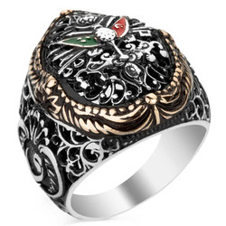 Silver Ottoman Crest Mens Ring with Arabic Letter V - 1